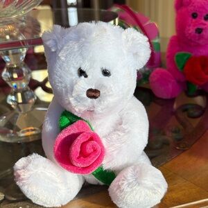 White Plush Bear with a Pink Rose